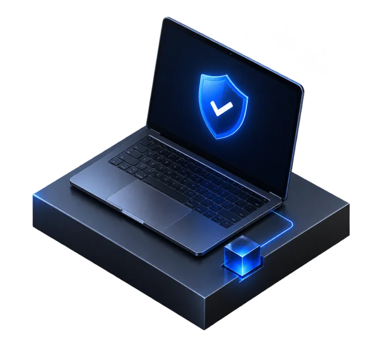 Laptop 3D con un escudo de seguridad sobre una plataforma conectada.